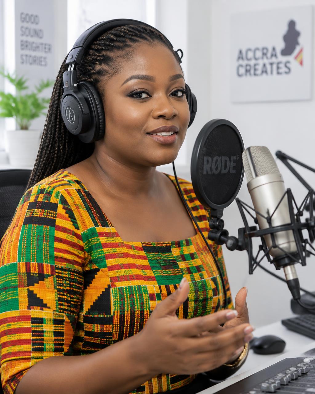 Voice artiste recording at a studio microphone